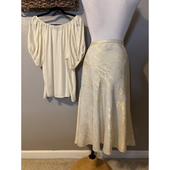 Alex Marie A Line Skirt 14 Gold Cream Stretch Washable Midi Flowy Shimmer - Picture 3 of 16